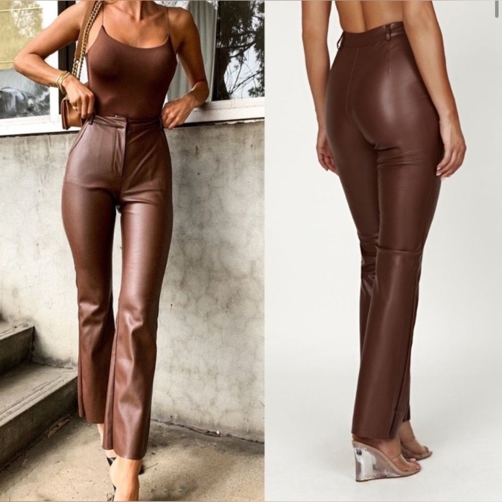 Meshki High Waist Faux Leather Bootcut Pants in Medium Size