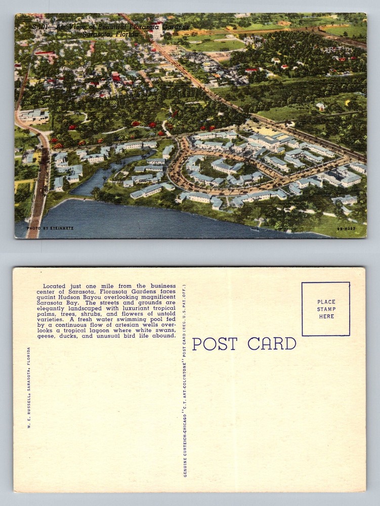 Sarasota, FL-Florida, Aerial Florasota Gardens Hudson Bayou Vintage Postcard
