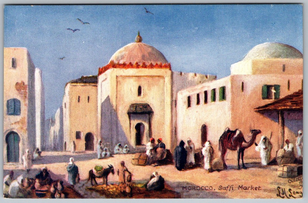 Antique Postcard Market Scene Camel Safi, Morocco 1910s