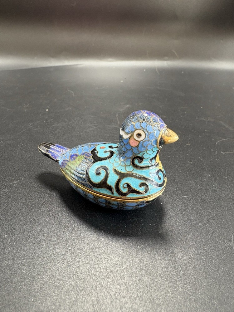 Blue Enamel Cloisonne Bird Trinket Dish With Lid 1 Brass and Enamel
