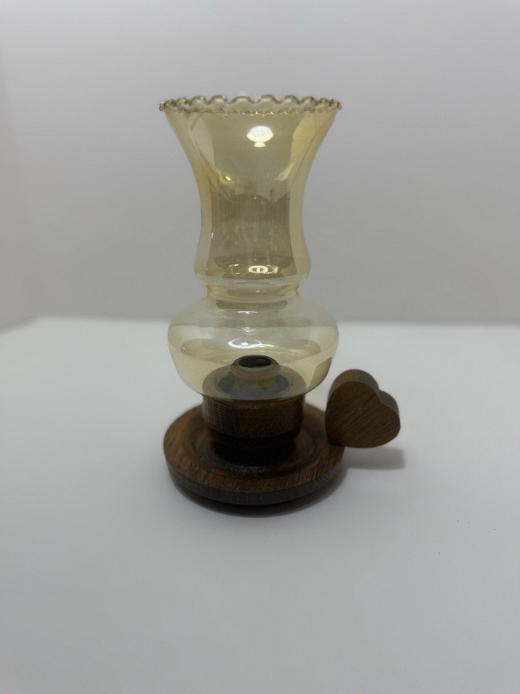 Vintage Wood Chamber Candle Holder With Heart And Glass Hurricane Shade