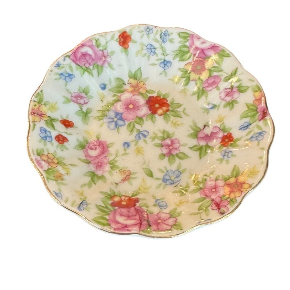 Vintage Merit China Occupied Japan Floral Chintz Scalloped Trinket Dish Bowl