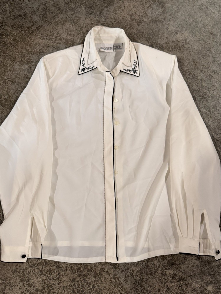 Koret White Polyester Woven Button-Up Blouse 12 Collared Embroidered Black Trim