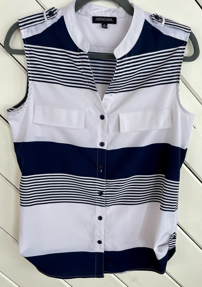 Notations Women's  White Navy Striped Sleeveless Top Shirt Tank Size S Nautical