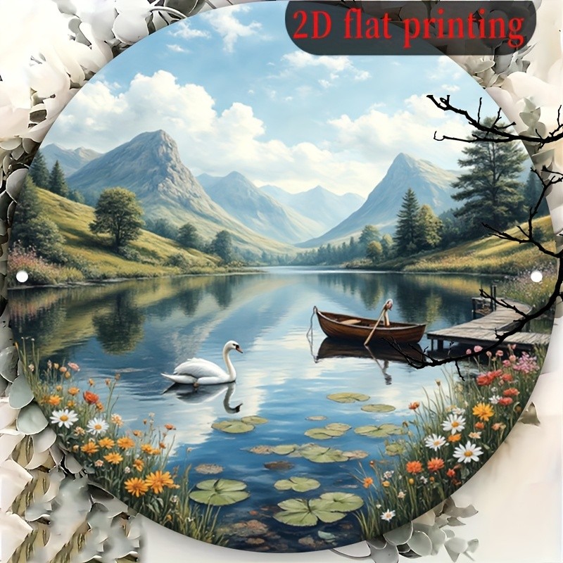8x8 Inch Serene Lake Swan Mountain View Aluminum Wall Art