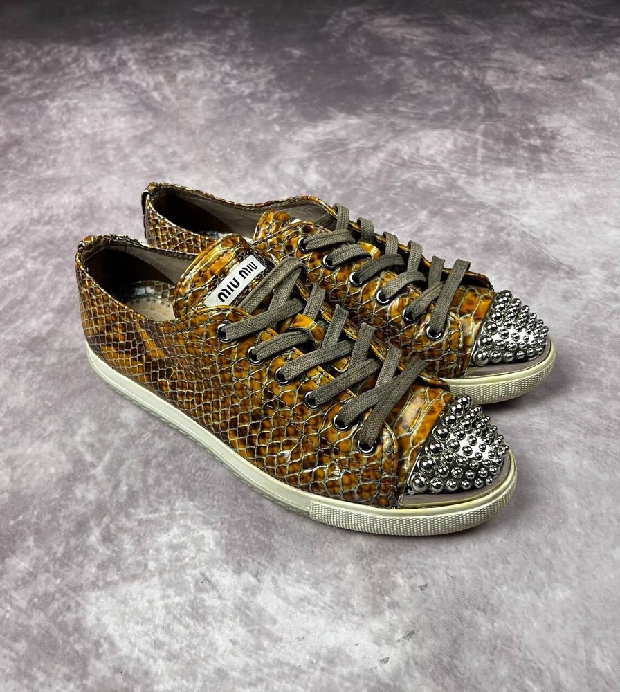 MIU MIU Snake Print Patent Leather Studded Cap Toe Sneakers Womens size 37