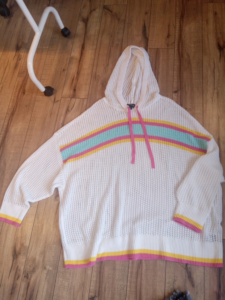 Torrid Plus Size 4 Striped Knit Pullover Hoodie White Pink Blue Drawstring