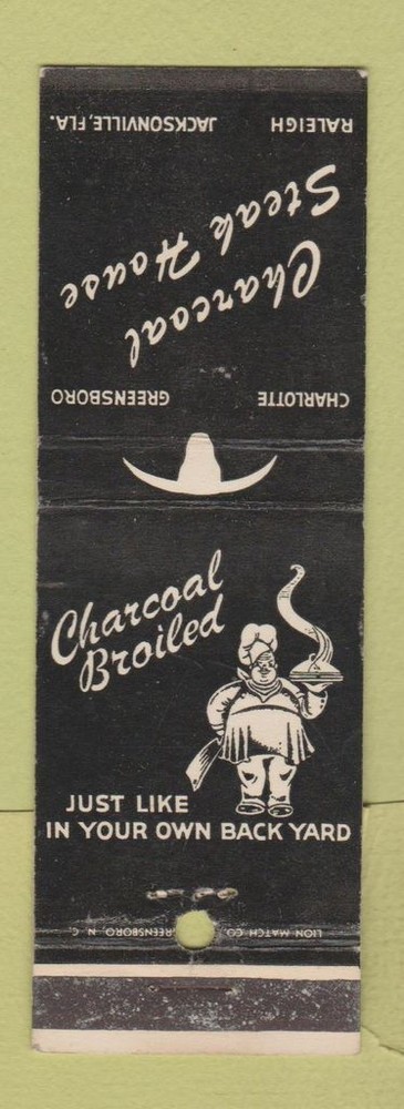 Matchbook Cover - Charcoal Steak House Charlotte Greensboro Raleigh NC