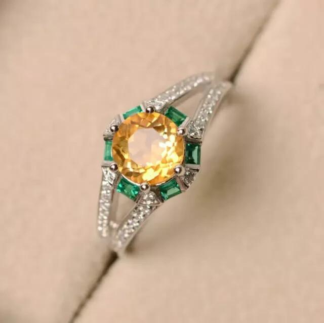 Simulated Citrine Round Split Shank Engagement Ring in 14K White Gold Plated