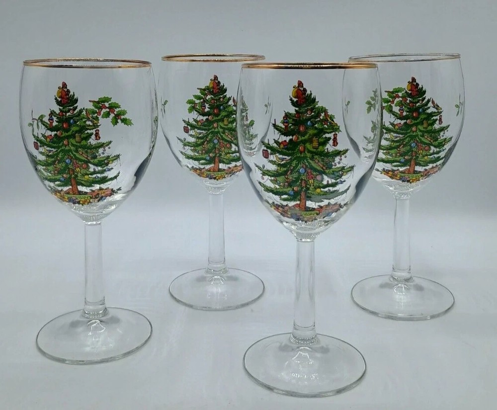 Vintage Spode Christmas Tree Wine Glasses Set of 4 In Original Box Holiday