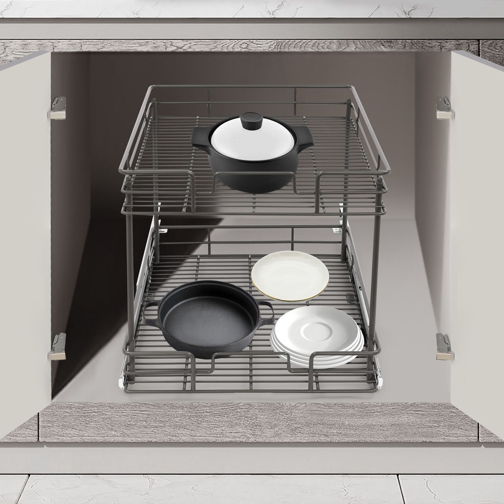 2-Tier Slide Out Kitchen Cabinet Organizer 16.5 Inch Wide Shelf Drawer