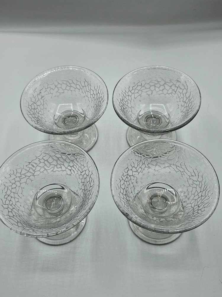 4 Vintage L.E. Smith By Cracky Crackle Clear Glass Champagne Glass Tall Sherbet