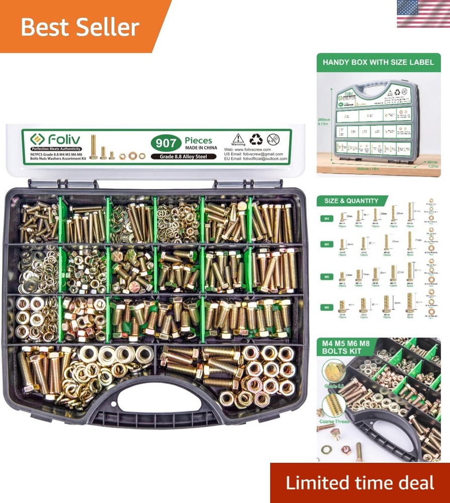 907pcs Grade 8.8 Metric Bolt Assortment, M4 M5 M6 M8 Heavy Duty Bolts and Nut...