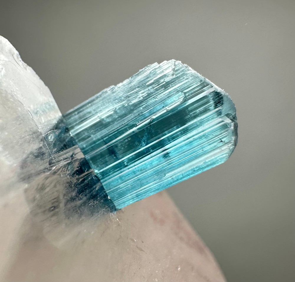 97 Ct. Full Terminated Rare Blue Indicolite Tourmaline Crystal On Quartz @Afg
