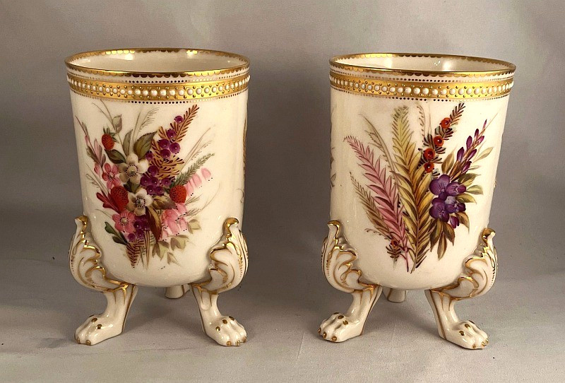 RARE PAIR! Royal Worcester 3-Footed Jeweled Vases HP by George Hundley c1880