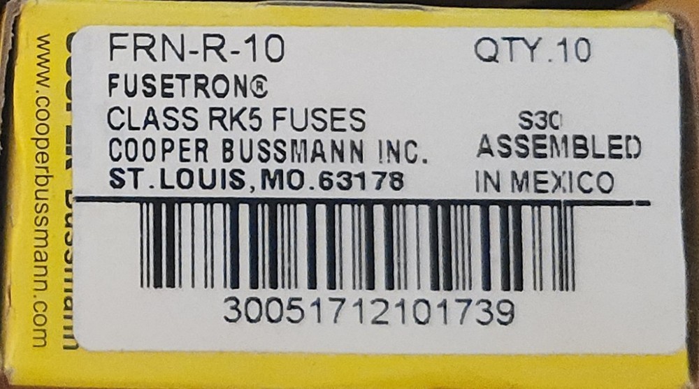 Bussmann FRN-R-10 250 V AC / 125 V DC 10 A Fusetron Time Delay Fuses - Lot of 2