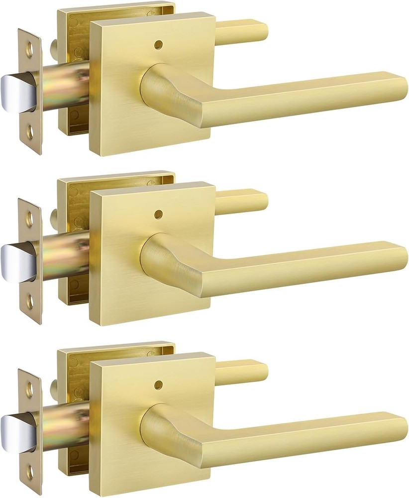 Durable Brushed Gold Door Handles with Push Button Lock - Interior 3 Pack