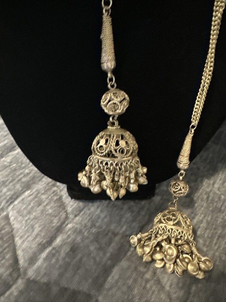 Tribal Dance Ethnic Jingle Bell Silver Tone Double tassel Fringe Necklace 48”