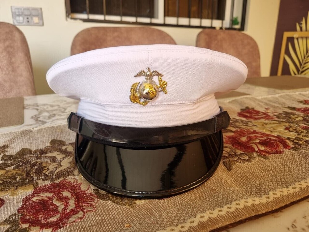 USMC Marine Corps Dress Blue Enlisted Cotton Service White Dress Cap Hat 7  1/4