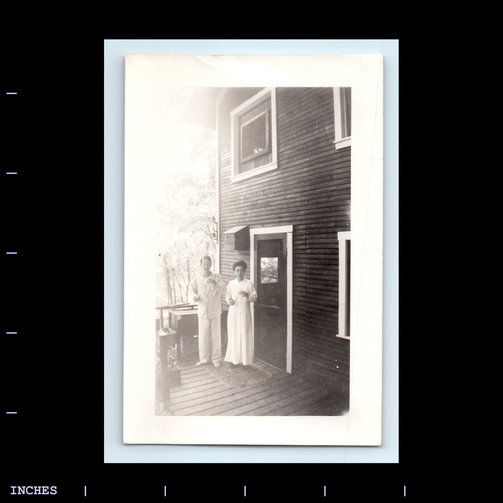 Old Vintage Photo MAN AND WOMAN ON DECK OUTSIDE HOUSE