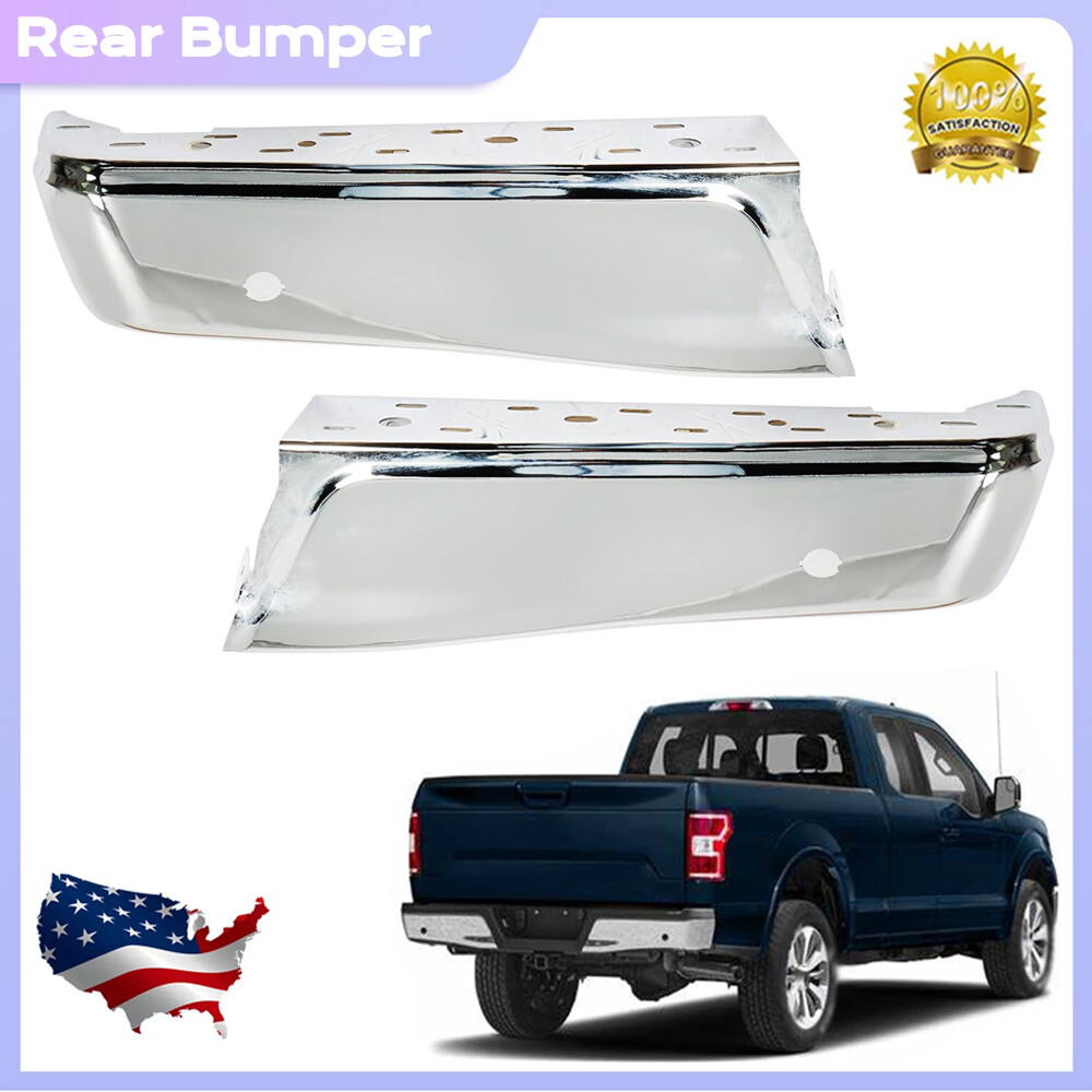 Left & Right Rear Bumper Ends for 2015-2020 Ford F150 Pickup Chrome Steel w/Park