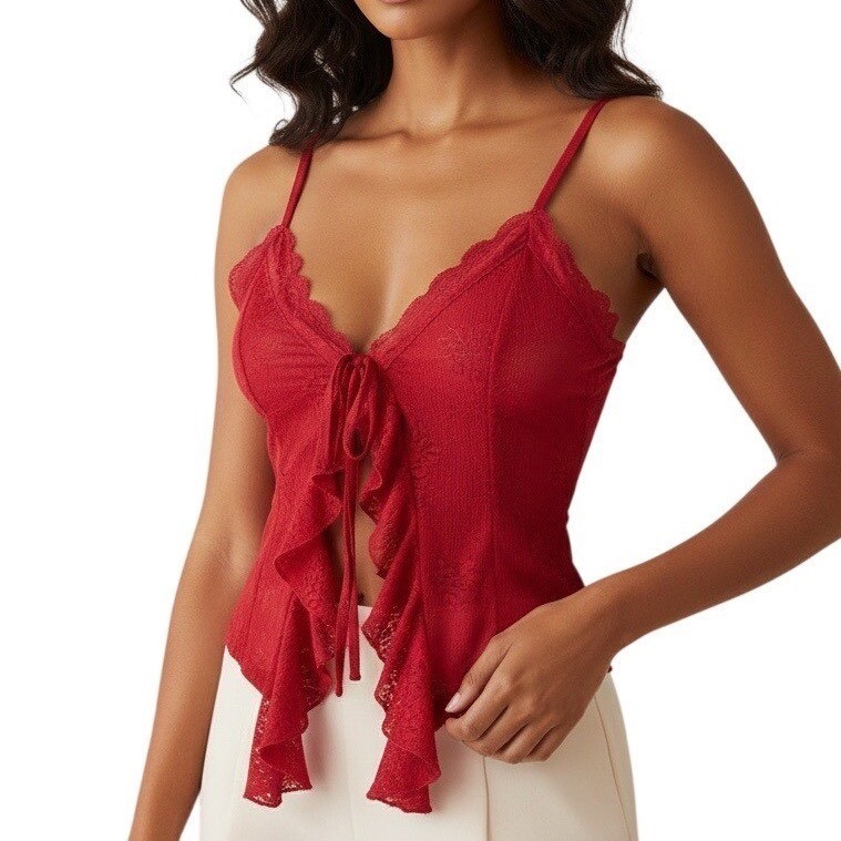 Cider Camisole Women Medium Red Lace Tie Front Ruffle Crop Top