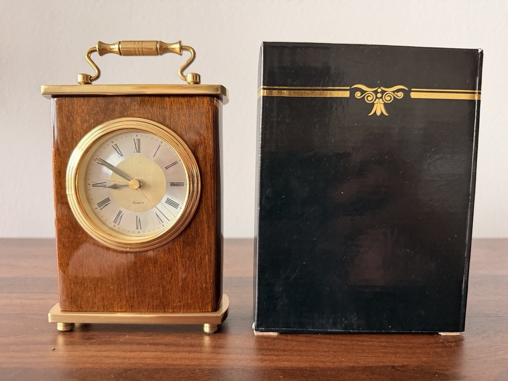 Wood & Brass Desk Clock Analog Quartz Roman Numerals Engraved 1994