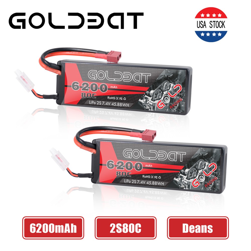 2Pcs 80C 6200mAh GOLDBAT 7.4V 2S RC Lipo Battery Deans Plug For Car Truck Buggy