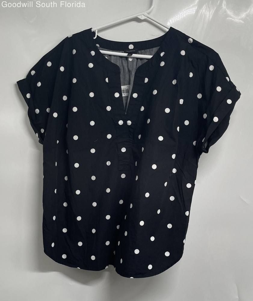 Talbots Womens Black White Polka Dot Cotton Split Neck Blouse Top Size Large
