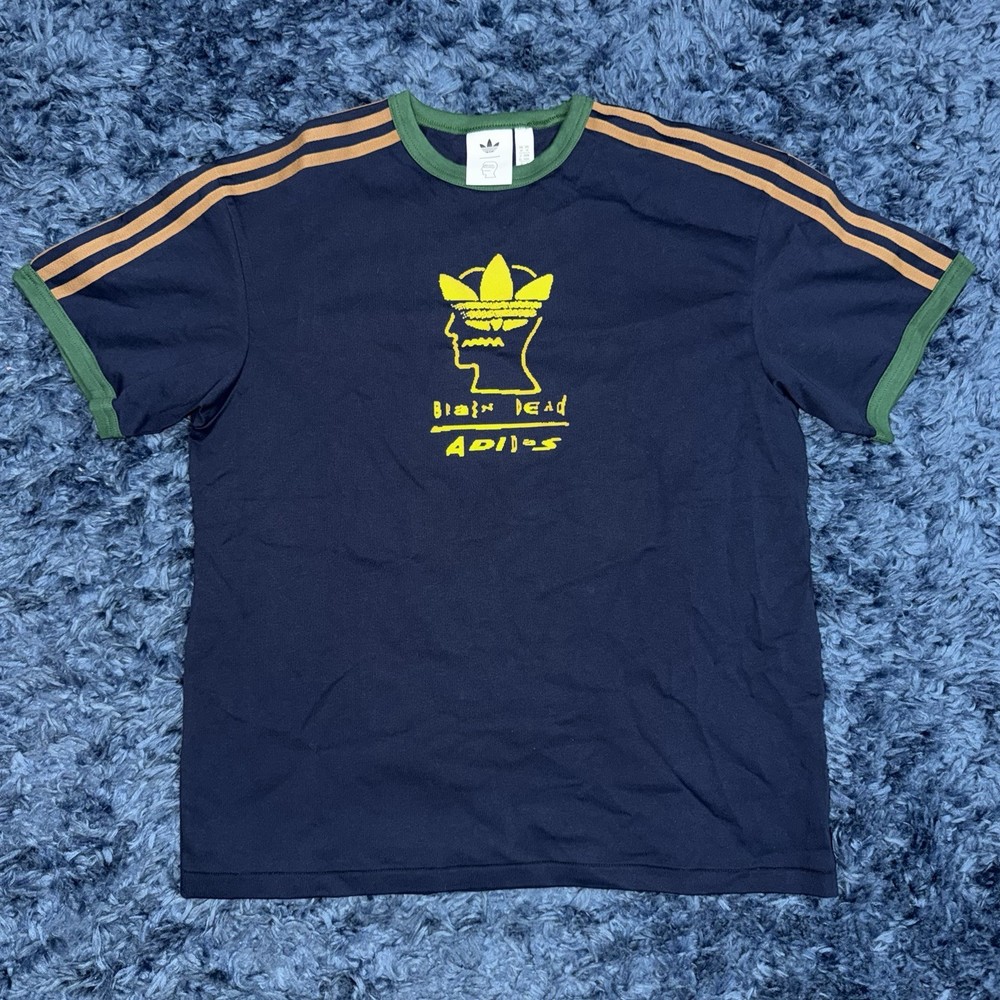 adidas Brain Dead Men's Navy Blue Yellow Logo T-Shirt Size M