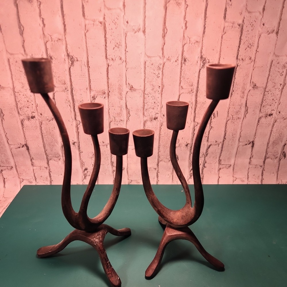 Set Of 2 Vintage MCM Design Wavy Metal Candle Holders 3 Arms 9 1/2