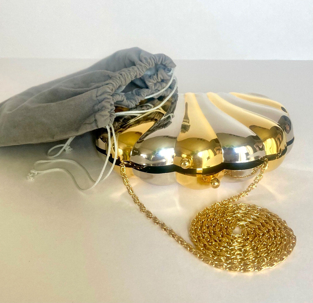 VTG Gold & Silver Tone Hard Shell Clam Shell Clutch Evening Bag