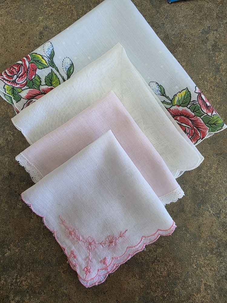 Lot of 4 Vintage Floral Handkerchiefs Pink White Lace Embroidered Hankies