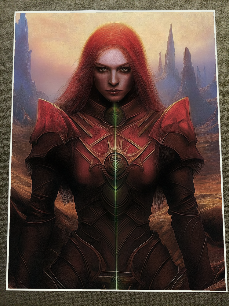 Red-Haired Warrior with Glowing Armor in Desert - Poster 18x24in