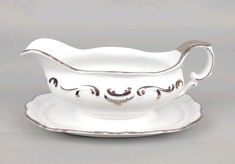 Vtg Schumann Arzberg Germany PLATINUM ELEGANCE Gravy Boat w Attached Underplate