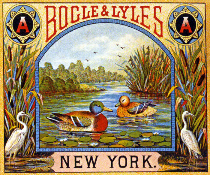 CRATE LABEL DUCK LAKE BIRDS BOGLE LYLES NEW YORK USA VINTAGE POSTER REPRO