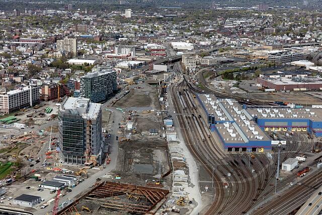 Aerial view of East Cambridge, Massachusetts, with a focus on railroad tracks