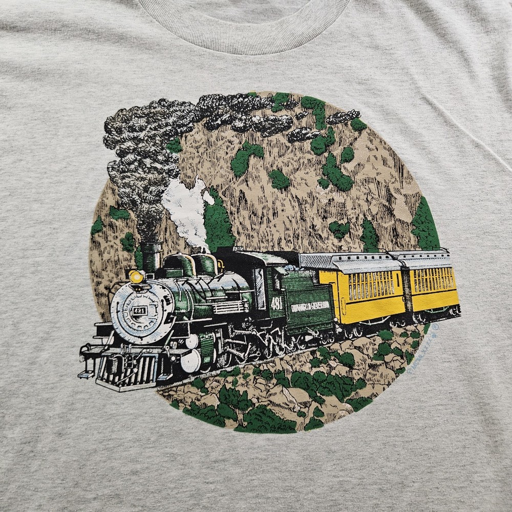Vintage 80s 90s Train Graphic T-Shirt Fruit Of The Loom Made In USA Size XL