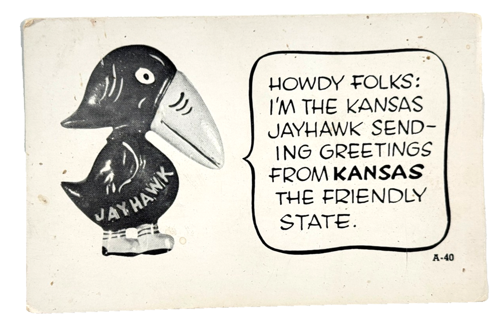 RARE `1940s KU University of Kansas Jayhawk Paperweight Postcard