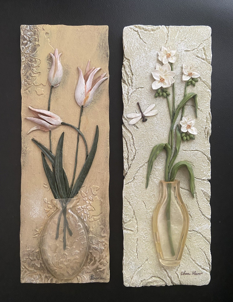 Vintage Cheri Blum Flowers In A Vase 3D Wall Art Plaques (Set Of 2)