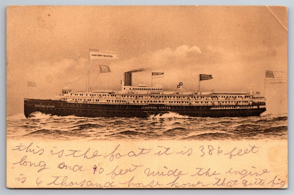 1900s Steamer Eastern States Cruise Ship Flint MI Postcard L7