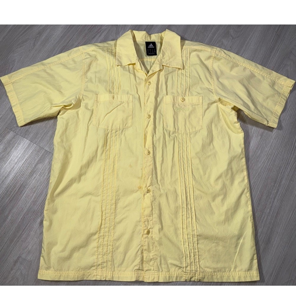 Adidas Mens Guayabera Short Sleeve Button Up Shirt Yellow Pintuck Pleated XL
