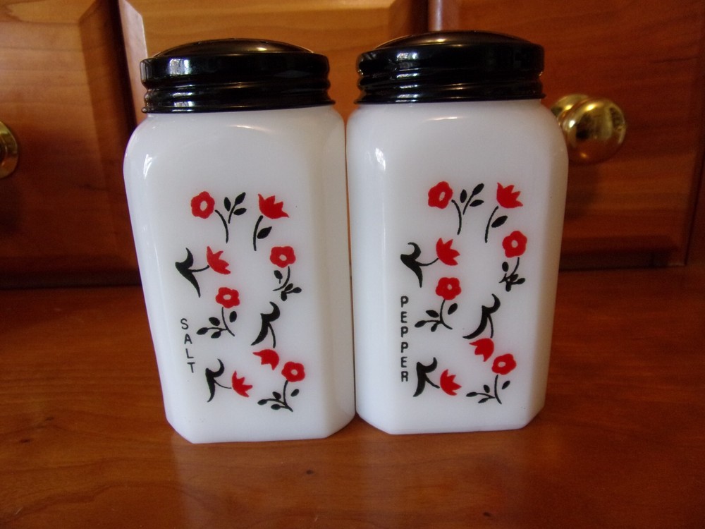 McKee Tipp Chintz Salt & Pepper Range Shakers Milk glass