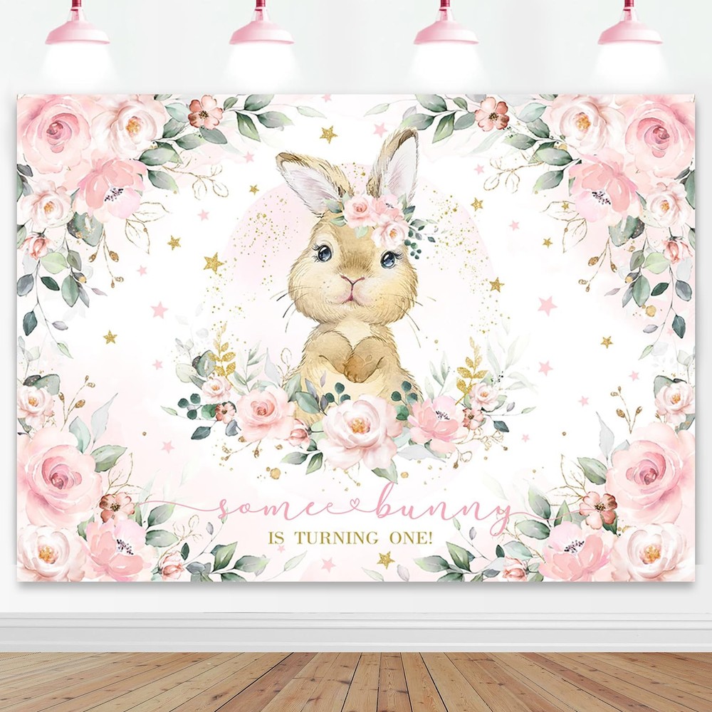 Bunny 1st Birthday Backdrop 7x5 Ft Floral Rabbit First Party Decoration