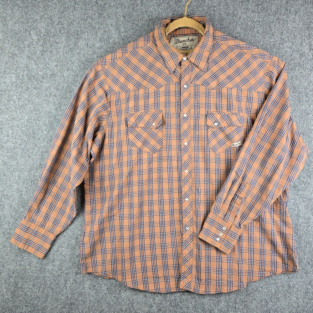 Wrangler 2XL Pearl Snap Western Shirt Blue/Brown Plaid Long Sleeve Cotton Blend