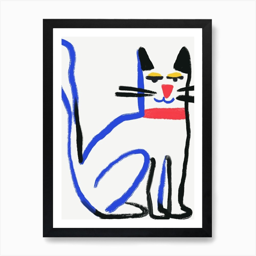 Cat Drawing in blue line Art Print Framed Wall Art Poster Canvas Print Picture