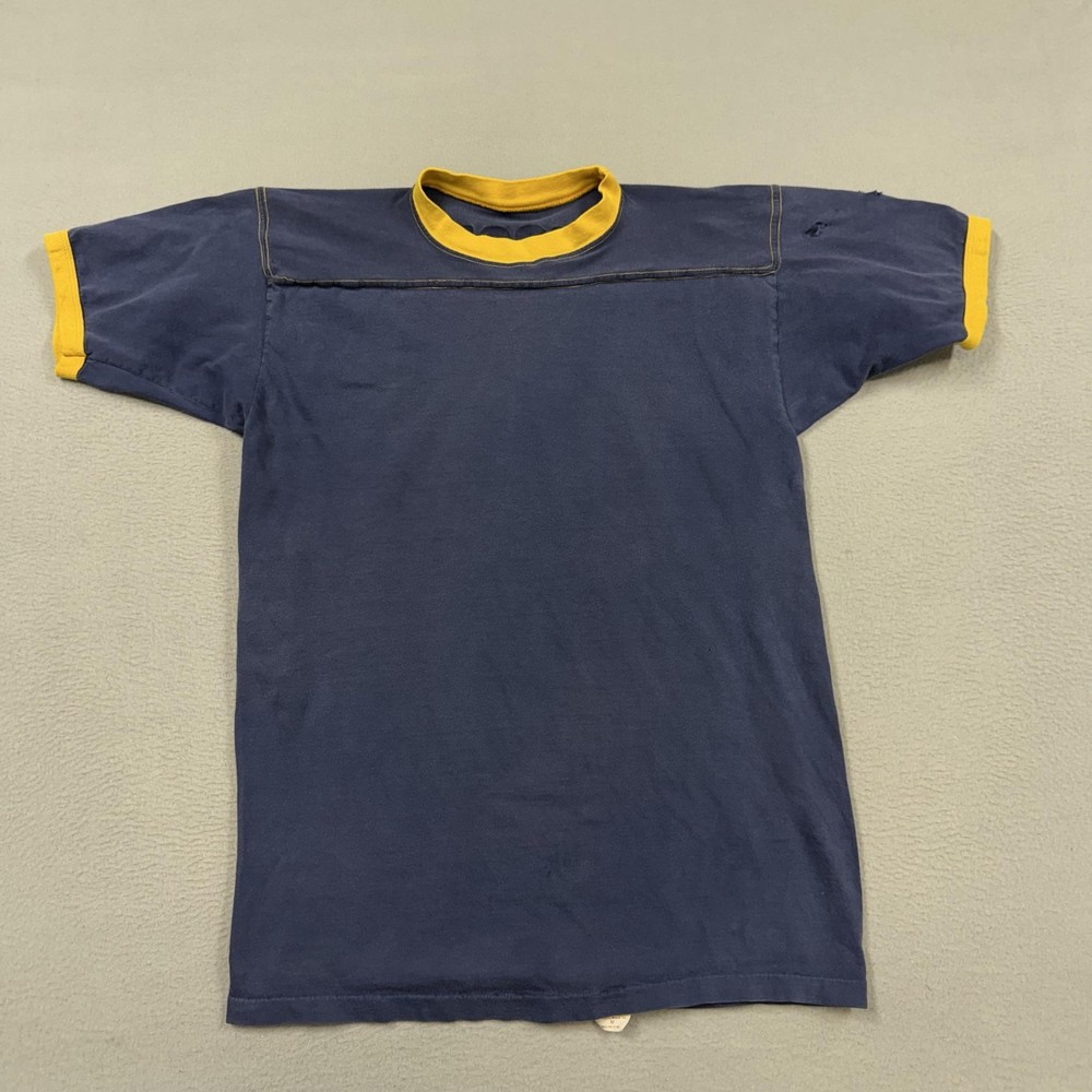 Vintage Russell Mills Shirt Mens Medium Blue Yellow HOOT Ringer Jersey Tee