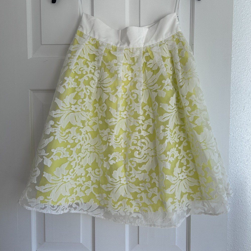 A'reve White Lace Yellow Pleated A-line Skirt Size L Floral Midi Full Spring