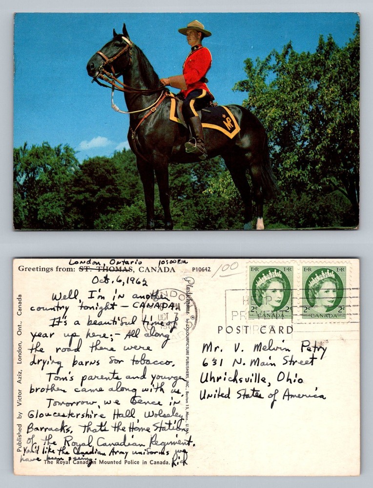 London Ontario-Canada Royal Canadian Mounted Police Horse Vintage c1962 Postcard