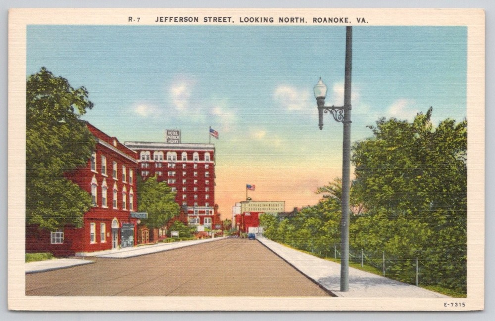 Roanoke VA Jefferson Street Hotel Patrick Henry Linen Postcard